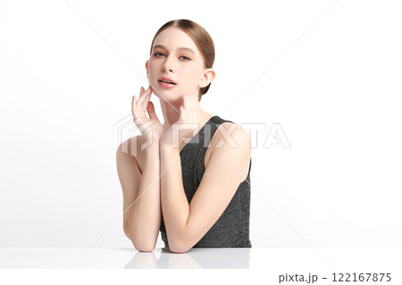 Beautiful young woman with clean fresh skin on white background, Face care, Facial treatment, Cosmetology, beauty and spa, women portrait. 122167875