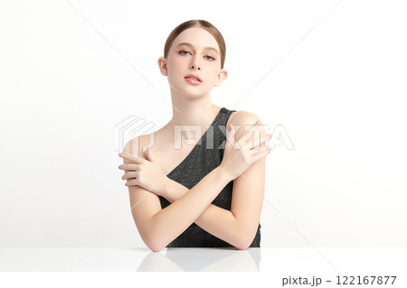 Beautiful young woman with clean fresh skin on white background, Face care, Facial treatment, Cosmetology, beauty and spa, women portrait. Beautiful young woman with clean fresh skin on white background, Face care, Facial treatment, Cosmetology, beauty and spa, women portrait. 122167877