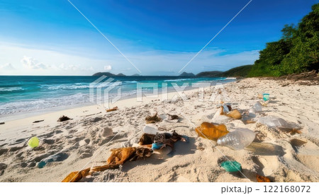 《AI画像》浜辺に打ち上げられた大量のペットボトルのゴミ 《AI画像》浜辺に打ち上げられた大量のペットボトルのゴミ 122168072