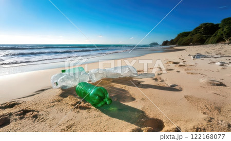 《AI画像》浜辺に打ち上げられた大量のペットボトルのゴミ 《AI画像》浜辺に打ち上げられた大量のペットボトルのゴミ 122168077