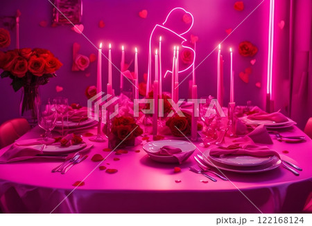 Valentines day dinner with gift, red wine, roses and hearts on pink background. 122168124