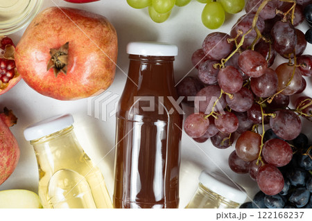 Various vinegars in glass bottles top view 122168237