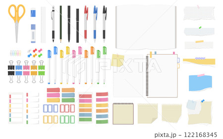 文房具のセット、無地のノート、メモ紙、ペン、筆記用具 122168345