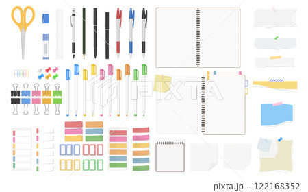 文房具のセット、無地のノート、メモ紙、ペン、筆記用具 122168352