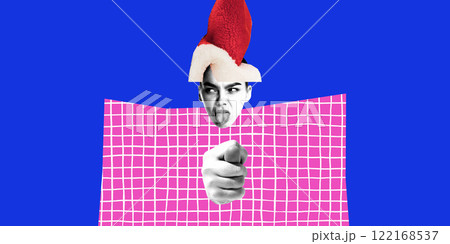 Modern art design. Woman with Santa hat, tongue out, pointing forward on grid background, symbolizing depressive thoughts. Modern art design. Woman with Santa hat, tongue out, pointing forward on grid background, symbolizing depressive thoughts. 122168537