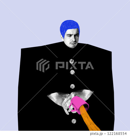 Modern art design. Person with blue hair, wearing black coat, holding pink mug pouring orange liquid, expressing melancholy. 122168554