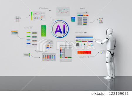 Ai technology with humanoid robot with hud graphic interface Ai technology with humanoid robot with hud graphic interface 122169051