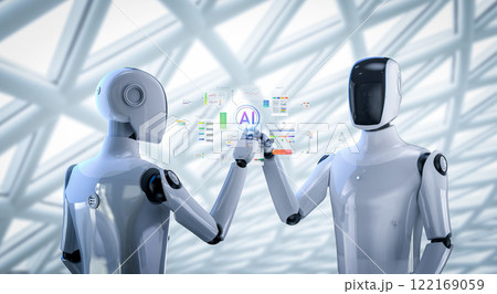 Ai technology with humanoid robot with hud graphic interface Ai technology with humanoid robot with hud graphic interface 122169059