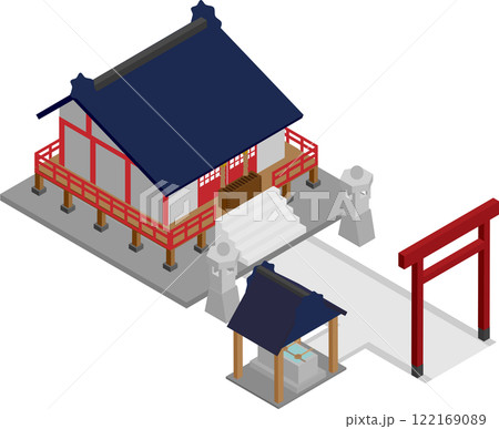 アイソメトリックな神社仏閣と鳥居と灯篭と手水舎 アイソメトリックな神社仏閣と鳥居と灯篭と手水舎 122169089