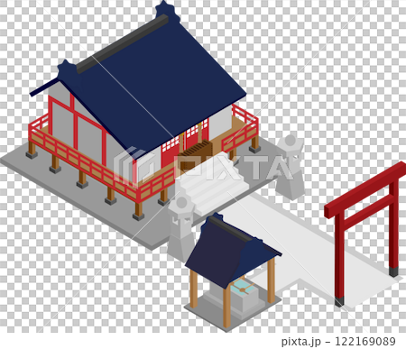 アイソメトリックな神社仏閣と鳥居と灯篭と手水舎 アイソメトリックな神社仏閣と鳥居と灯篭と手水舎 122169089
