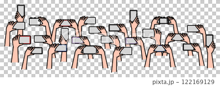 Group of hands holding smartphones and cameras Group of hands holding smartphones and cameras 122169129