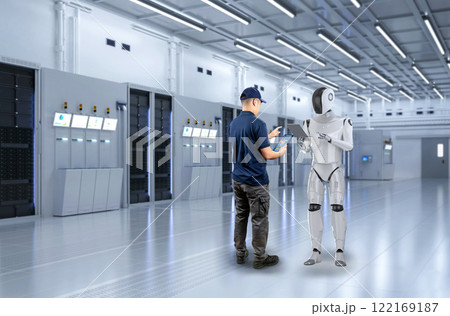 Engineer work together with assistant robot in server room 122169187