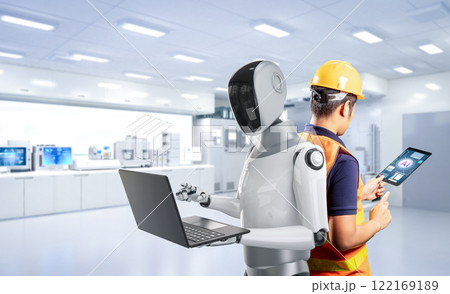Automation industry with engineer work with assistant robot 122169189