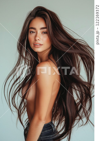 Beautiful naked woman wearing only jeans with dark hair and flawless skin, posing on studio background. Erotic, sensual shot of young nude brunette. Perfect body shape, sexy model 122169372