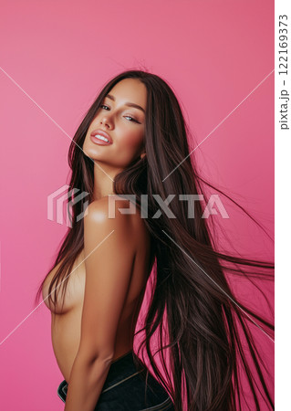 Beautiful naked woman wearing only jeans with dark hair and flawless skin, posing on studio background. Erotic, sensual shot of young nude brunette. Perfect body shape, sexy model 122169373