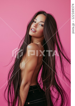 Beautiful naked woman wearing only jeans with dark hair and flawless skin, posing on studio background. Erotic, sensual shot of young nude brunette. Perfect body shape, sexy model 122169374