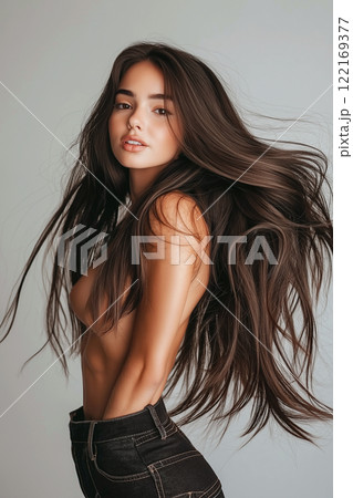 Beautiful naked woman wearing only jeans with dark hair and flawless skin, posing on studio background. Erotic, sensual shot of young nude brunette. Perfect body shape, sexy model 122169377