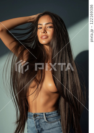 Beautiful naked woman wearing only jeans with dark hair and flawless skin, posing on studio background. Erotic, sensual shot of young nude brunette. Perfect body shape, sexy model Beautiful naked woman wearing only jeans with dark hair and flawless skin, posing on studio background. Erotic, sensual shot of young nude brunette. Perfect body shape, sexy model 122169386