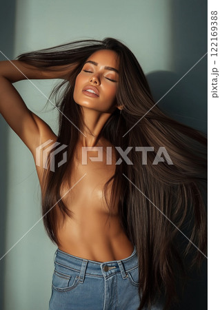 Beautiful naked woman wearing only jeans with dark hair and flawless skin, posing on studio background. Erotic, sensual shot of young nude brunette. Perfect body shape, sexy model Beautiful naked woman wearing only jeans with dark hair and flawless skin, posing on studio background. Erotic, sensual shot of young nude brunette. Perfect body shape, sexy model 122169388