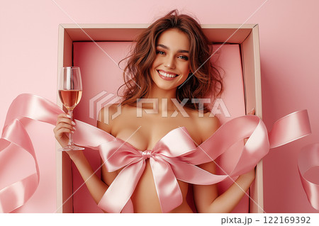 Nude woman dressed in a decorative pink silk ribbon with bow. Naked sexy woman is sitting in big gift box with wine glass. Love, romantic, celebration concept, flirting, objectification, erotic. Nude woman dressed in a decorative pink silk ribbon with bow. Naked sexy woman is sitting in big gift box with wine glass. Love, romantic, celebration concept, flirting, objectification, erotic. 122169392