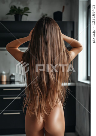 Back view of a naked sexy woman with long flowing hair in a modern kitchen interior setting. Morning, sex for the breakfast. Erotic, home video, porn, sex, naked body Back view of a naked sexy woman with long flowing hair in a modern kitchen interior setting. Morning, sex for the breakfast. Erotic, home video, porn, sex, naked body 122169415