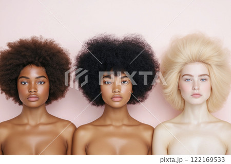 Perspectives of a young women showcasing variations in natural hair styles and textures. Choosing a haircut, hair color. Hairstyle, dyed hair, coloring, hair extension, cure, treatment concept. 122169533