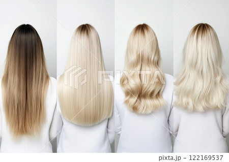 Four perspectives of a young woman showcasing variations in natural hair styles and textures. Choosing a haircut, hair color. Hairstyle, dyed hair, coloring, hair extension, cure, treatment concept. 122169537