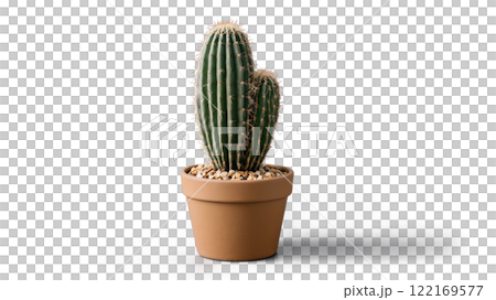 Two tall green cacti growing together in a light brown pot on a white background 122169577