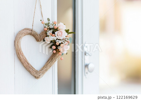 A heart-shaped floral wreath with pink roses, greenery, and small decorative berries, hanging on a pastel-colored door. Wedding day decoration, love, romance and Saint Valentine's Day concept A heart-shaped floral wreath with pink roses, greenery, and small decorative berries, hanging on a pastel-colored door. Wedding day decoration, love, romance and Saint Valentine's Day concept 122169629