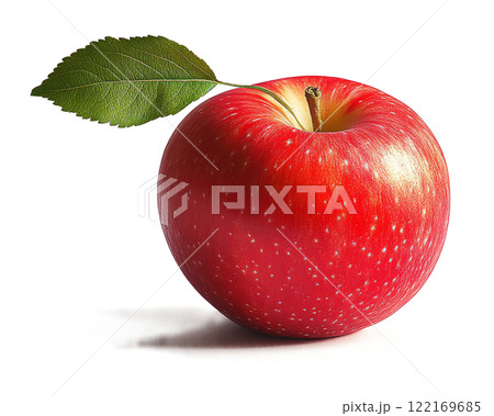 A vibrant red apple with a green leaf rests elegantly on a white surface, captured in natural light 122169685