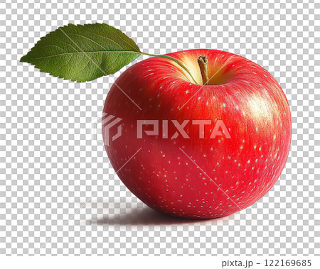 A vibrant red apple with a green leaf rests elegantly on a white surface, captured in natural light 122169685