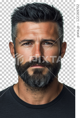 Confident young man with a thick beard and styled hair posing against a neutral background 122169702