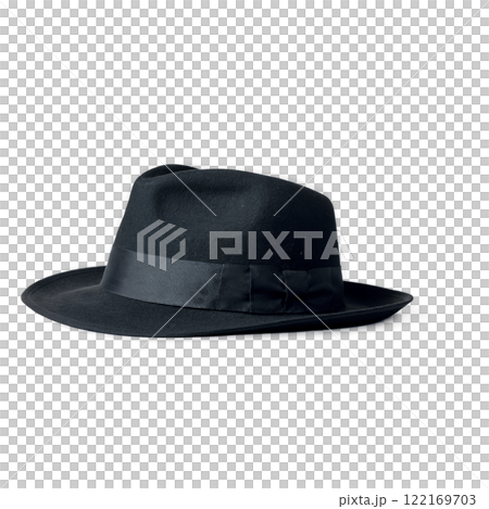 Classic black wide brimmed hat positioned stylishly on a white background 122169703