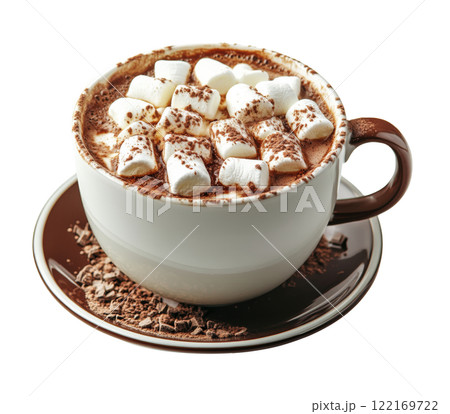 Cozy cup of hot chocolate topped with marshmallows on a white background 122169722