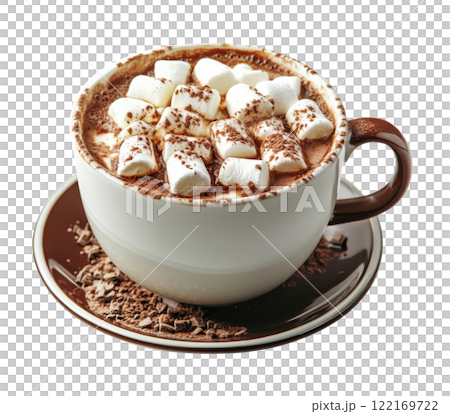 Cozy cup of hot chocolate topped with marshmallows on a white background 122169722