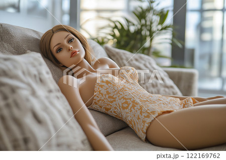 Sex doll on a couch. Life size silicone sex doll, realistic female mannequin in a serene pose wearing an elegant short dress. Sex toy, erotic, porn, fetish theme. Artificial adult entertainment doll. 122169762