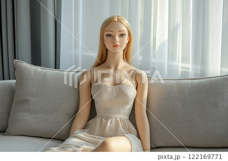 Sex doll on a couch. Life size silicone sex doll, realistic female mannequin in a serene pose wearing an elegant short dress. Sex toy, erotic, porn, fetish theme. Artificial adult entertainment doll. 122169771