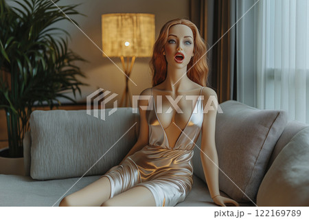 Sex doll on a couch. Life size silicone sex doll, realistic female mannequin in a serene pose wearing an elegant short dress. Sex toy, erotic, porn, fetish theme. Artificial adult entertainment doll. 122169789