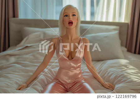 Sex doll sitting on a bed. Life size silicone sex doll, realistic female mannequin in bedroom wearing an elegant short dress. Sex toy, erotic, porn, fetish theme. Artificial adult entertainment doll. 122169796