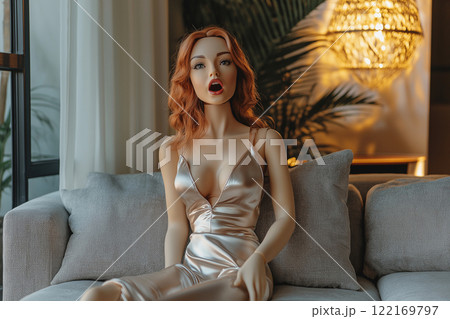 Sex doll on a couch. Life size silicone sex doll, realistic female mannequin in a serene pose wearing an elegant short dress. Sex toy, erotic, porn, fetish theme. Artificial adult entertainment doll. 122169797