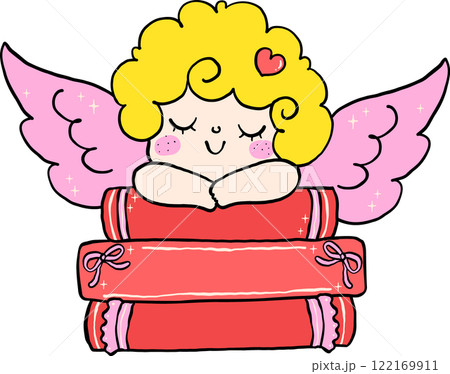 Retro Valentine Bookish Cupid with Book Stack 122169911