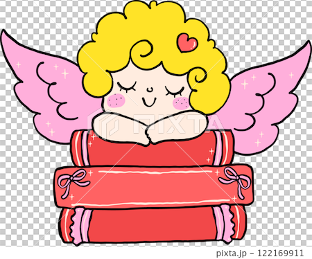 Retro Valentine Bookish Cupid with Book Stack 122169911