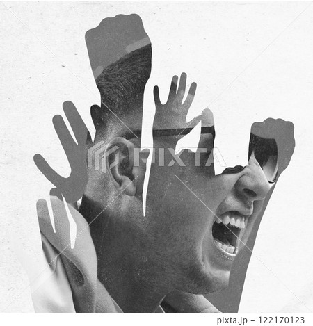 Young man passionately shouting with multiple hands raising symbolizing unity, protest. Layered black and white collage. Conceptual design. Young man passionately shouting with multiple hands raising symbolizing unity, protest. Layered black and white collage. Conceptual design. 122170123