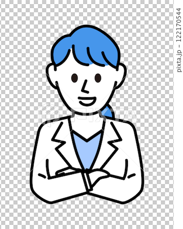 A female doctor in a white coat with her arms folded A female doctor in a white coat with her arms folded 122170544