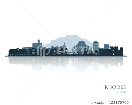 Rhodes skyline silhouette with reflection. Rhodes skyline silhouette with reflection. 122170709