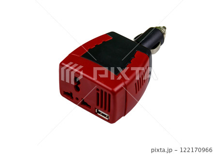 Red car inverter DC to AC isolated on a white background Red car inverter DC to AC isolated on a white background 122170966