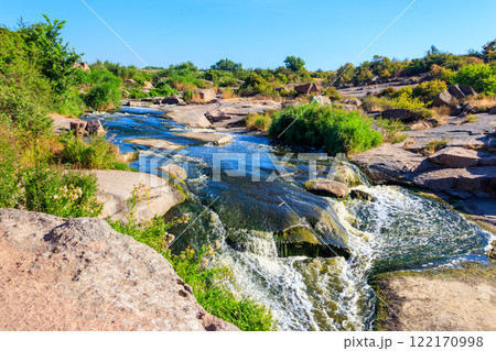 View of Tokovsky waterfalls on the Kamenka river in Dnipropetrovsk region, Ukraine 122170998