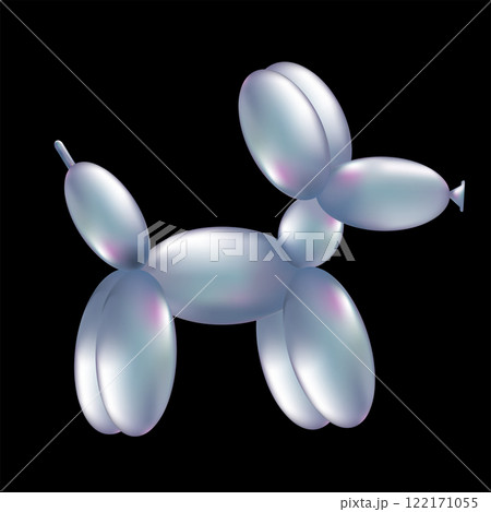 3d holographic Balloon dog. Chrome Helium Balloon in the shape of a puppy in realistic 3d cartoon style. Vector illustration Isolated on a transparent background. Metallic sculpture render toys. 122171055