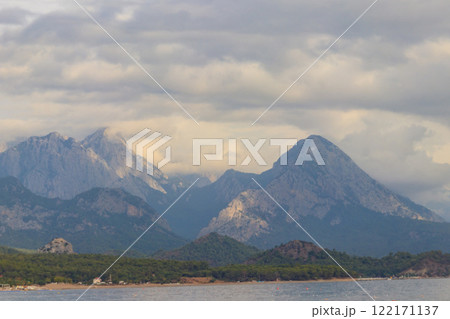 View of the Mediterranean sea coast and the Taurus mountains in Kemer, Antalya province in Turkey 122171137