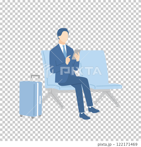 A businessman sitting on a bench in the waiting lobby and working on his smartphone A businessman sitting on a bench in the waiting lobby and working on his smartphone 122171469